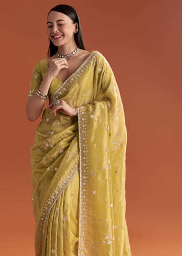 Yellow Tissue Saree With Floral Embroidery And Cutdana Work