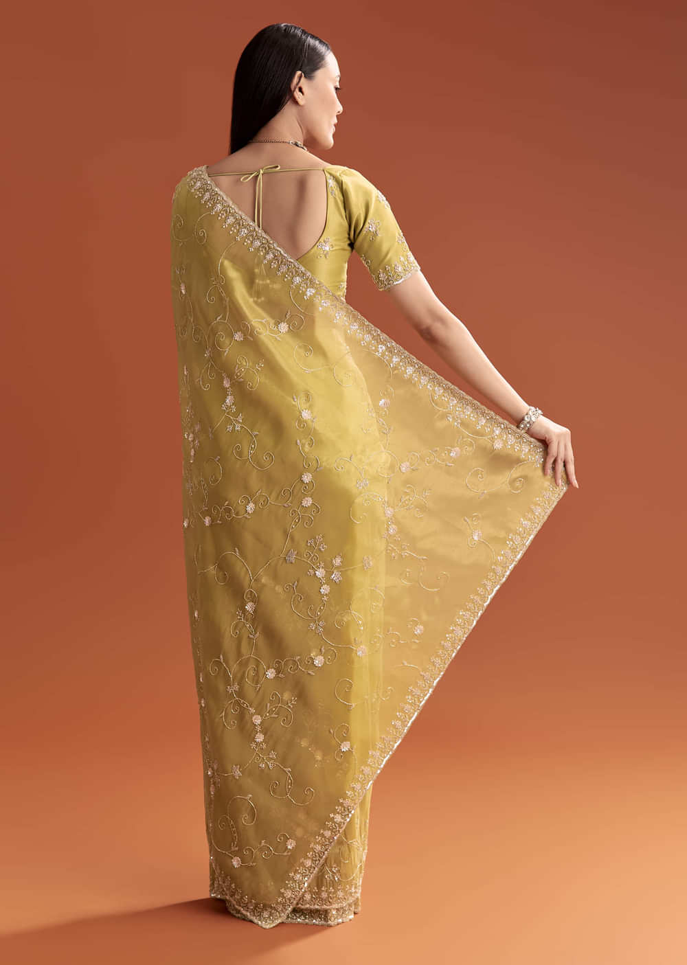 Yellow Tissue Saree With Floral Embroidery And Cutdana Work