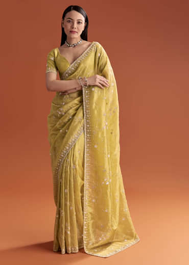 Yellow Tissue Saree With Floral Embroidery And Cutdana Work