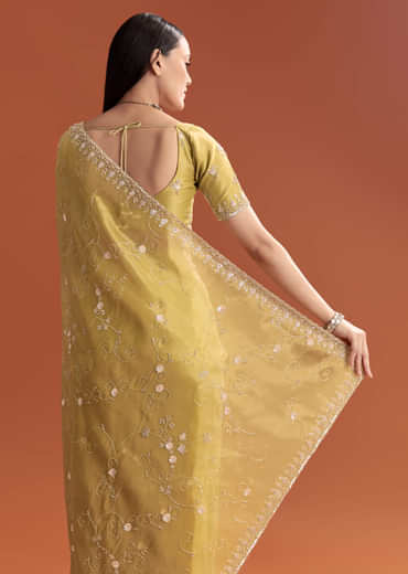 Yellow Tissue Saree With Floral Embroidery And Cutdana Work