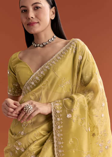 Yellow Tissue Saree With Floral Embroidery And Cutdana Work