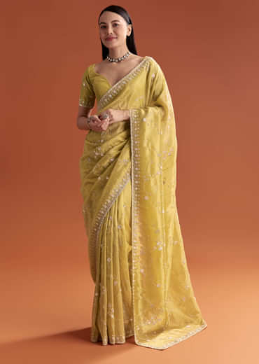 Yellow Tissue Saree With Floral Embroidery And Cutdana Work