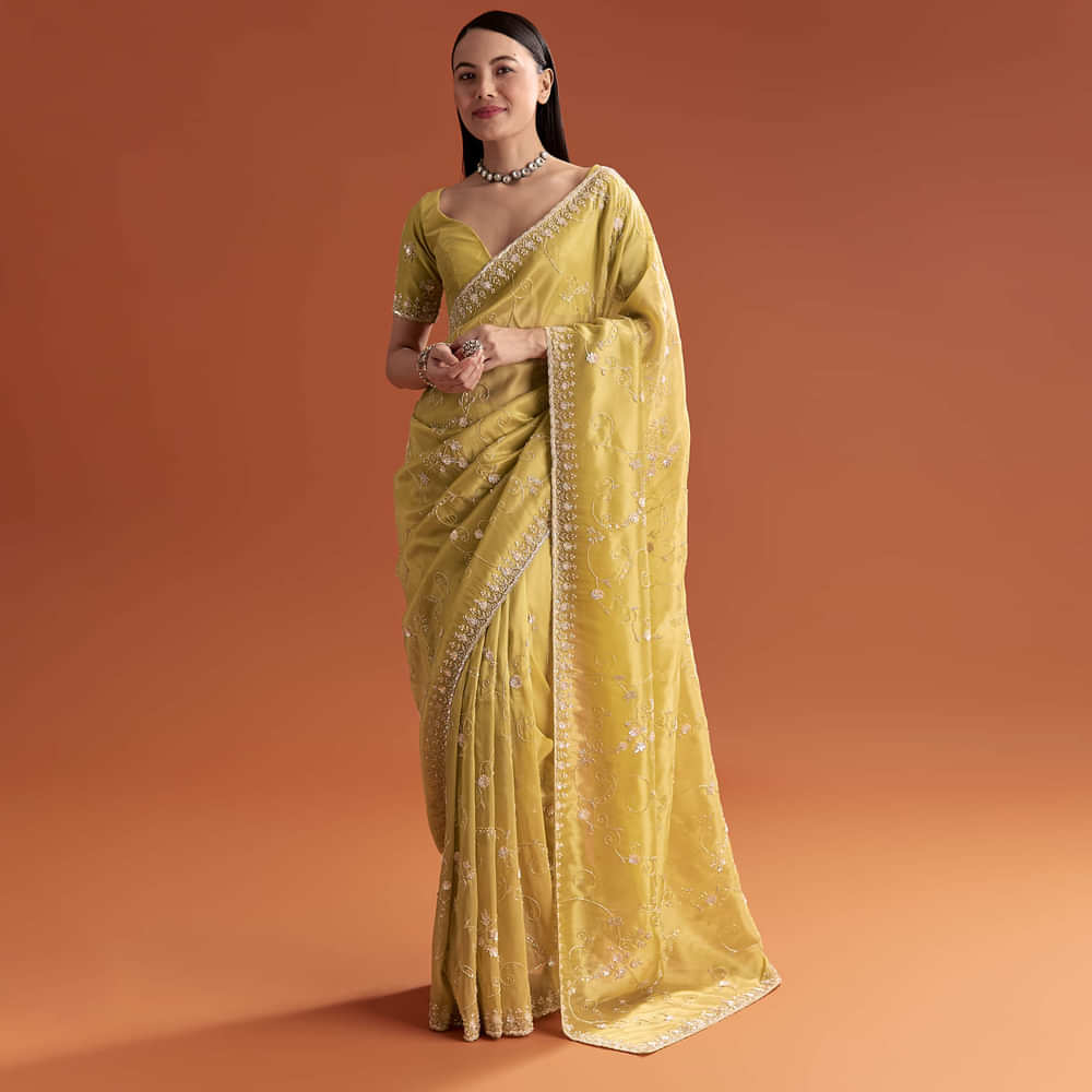 Yellow Tissue Saree With Floral Embroidery And Cutdana Work