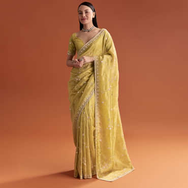 Yellow Tissue Saree With Floral Embroidery And Cutdana Work