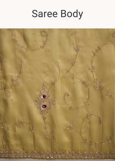 Yellow Tissue Saree With Zardosi And Red Stone Embroidery