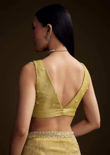 Yellow Tissue Saree With Zardosi And Red Stone Embroidery