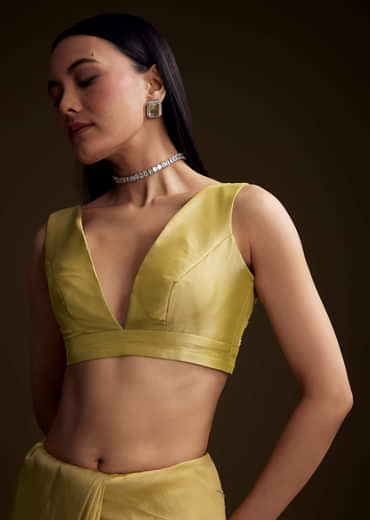 Yellow Tissue Saree With Zardosi And Red Stone Embroidery