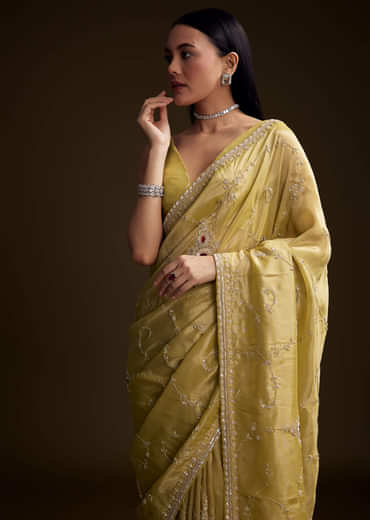 Yellow Tissue Saree With Zardosi And Red Stone Embroidery