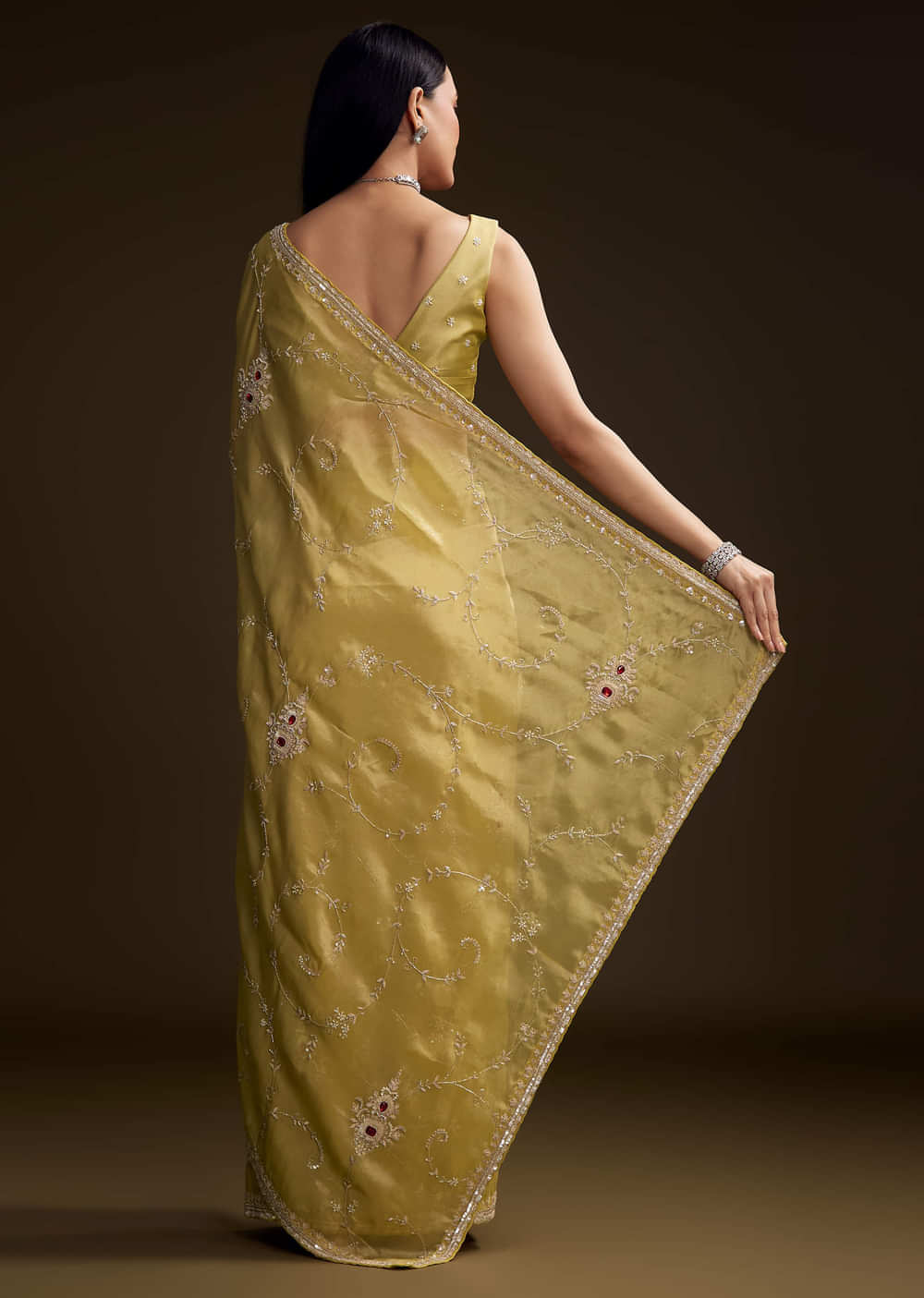Yellow Tissue Saree With Zardosi And Red Stone Embroidery