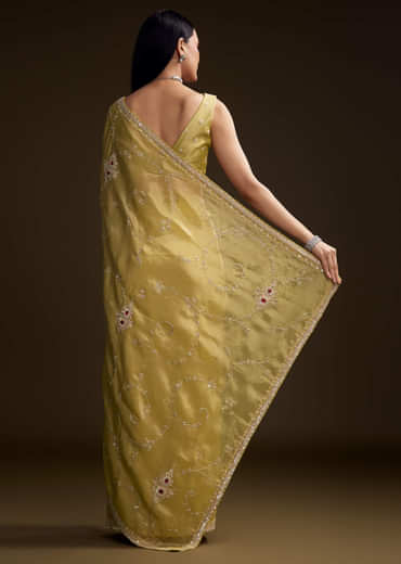 Yellow Tissue Saree With Zardosi And Red Stone Embroidery