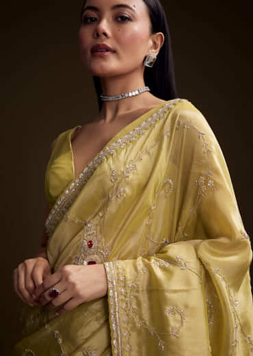Yellow Tissue Saree With Zardosi And Red Stone Embroidery
