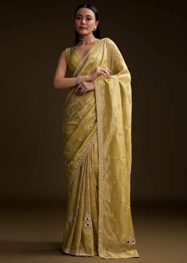Yellow Tissue Saree With Zardosi And Red Stone Embroidery