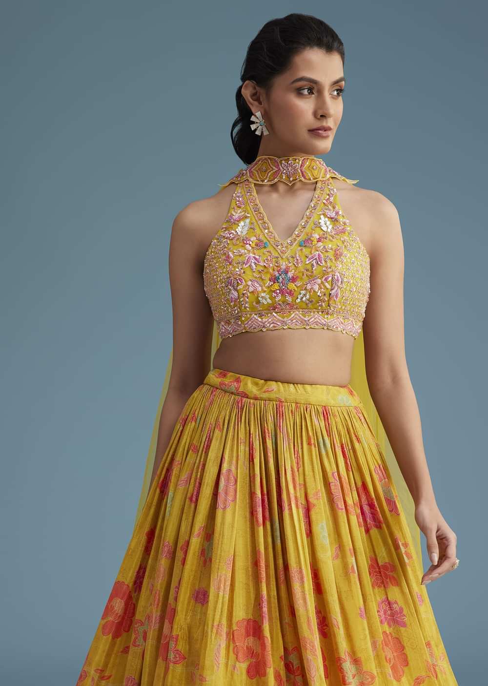 Yellow Tissue Silk Lehenga Set With Floral Print And Embroidery