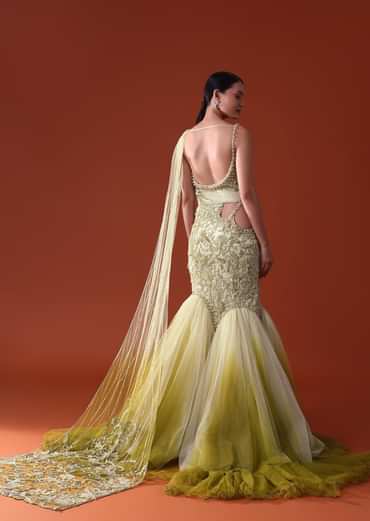 Citrus Green Ombre Fishcut Zardozi Gown Saree