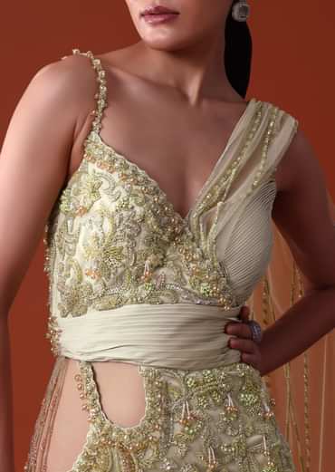 Citrus Green Ombre Fishcut Zardozi Gown Saree