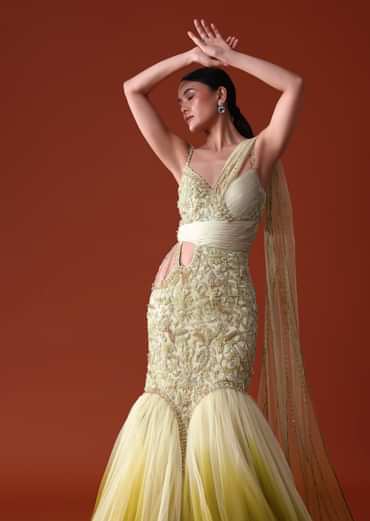 Citrus Green Ombre Fishcut Zardozi Gown Saree