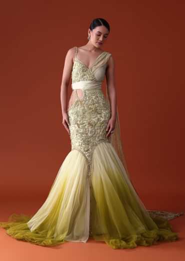 Citrus Green Ombre Fishcut Zardozi Gown Saree