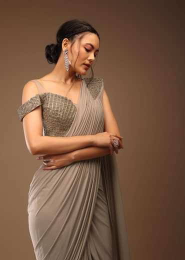 Zinc Grey Ready-Pleated Saree And A Cold Shoulder Top In Stones Embellishment