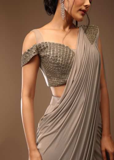 Zinc Grey Ready-Pleated Saree And A Cold Shoulder Top In Stones Embellishment