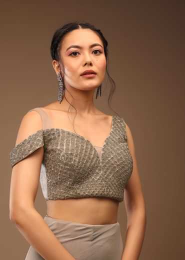 Zinc Grey Ready-Pleated Saree And A Cold Shoulder Top In Stones Embellishment