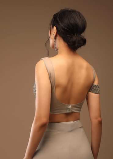 Zinc Grey Ready-Pleated Saree And A Cold Shoulder Top In Stones Embellishment