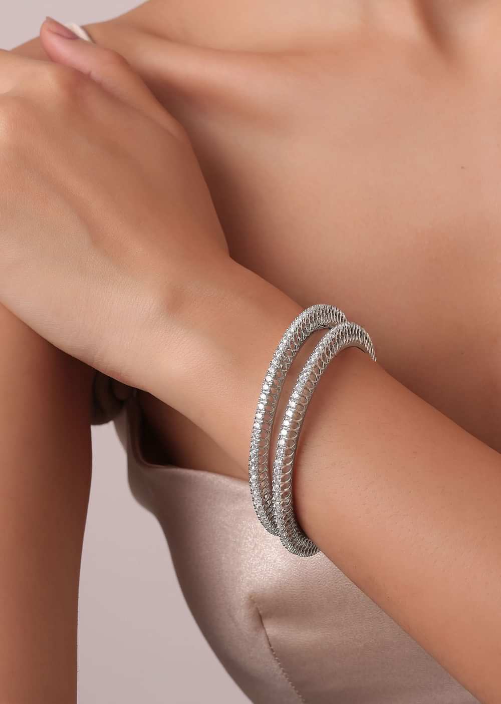 Zirconia 92.5 Sterling Silver Studded Bangles Set of 2