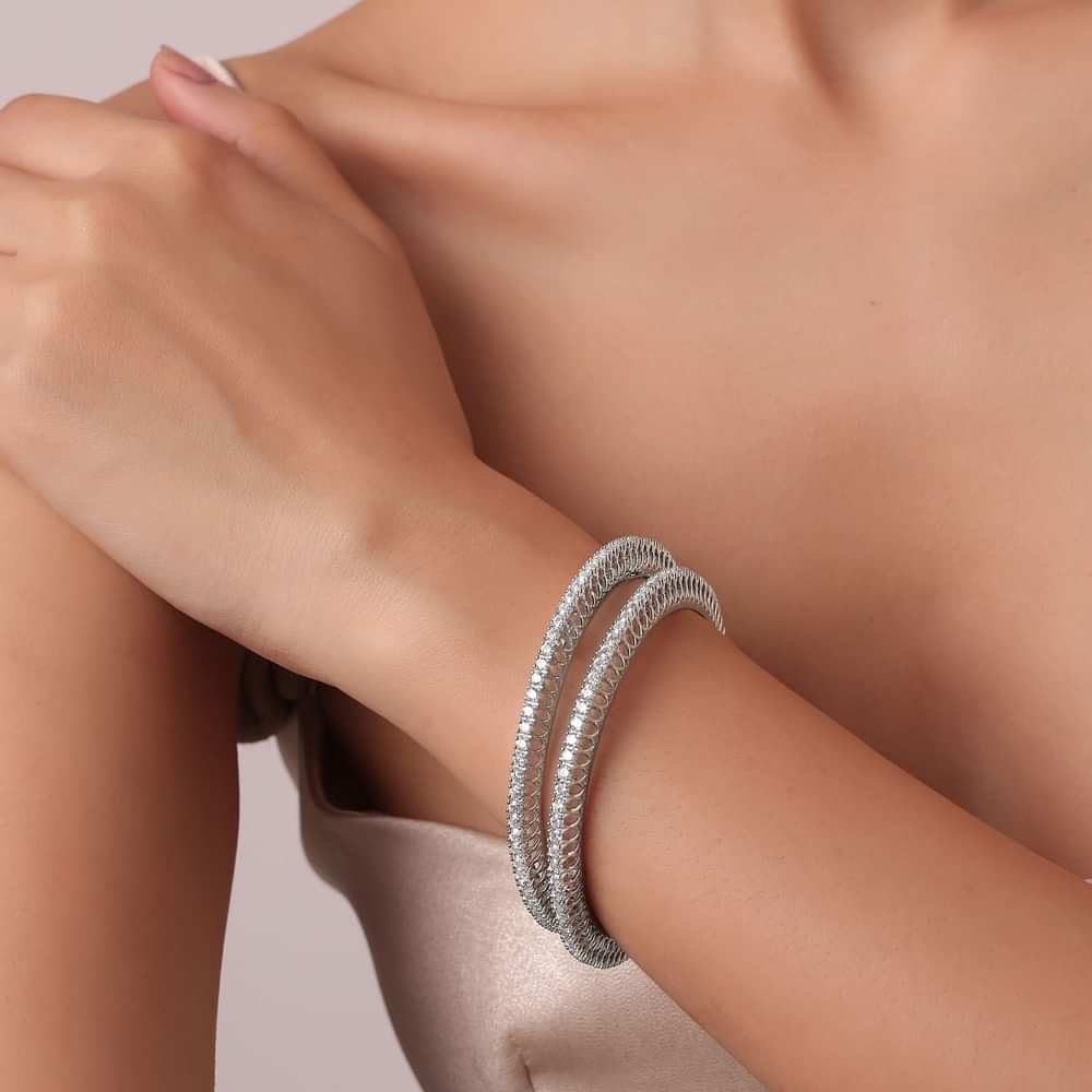 Zirconia 92.5 Sterling Silver Studded Bangles Set of 2